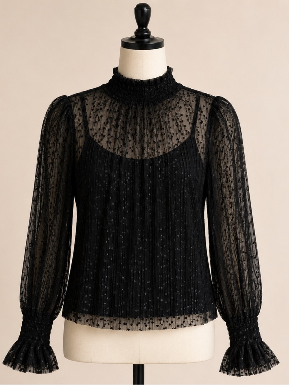 1. STATE Black Swiss Dot Pleated Sheer Mock Neck Blouse Size S - Picture 6 of 17